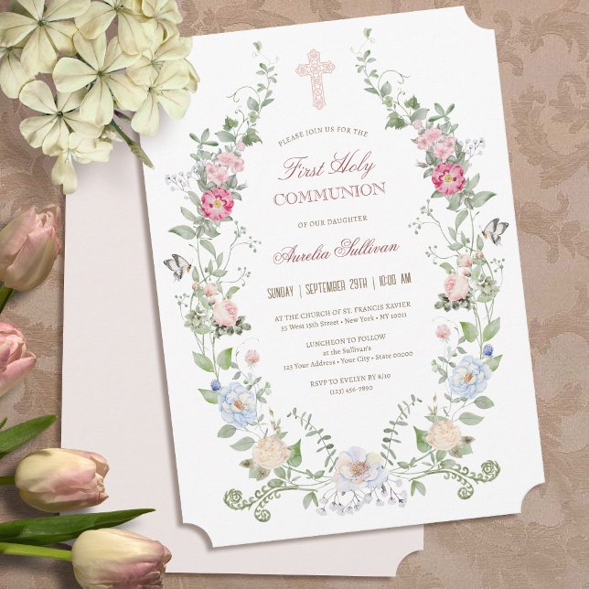 Elegante Floral Primera Invitación de la Santa Com (Subido por el creador)