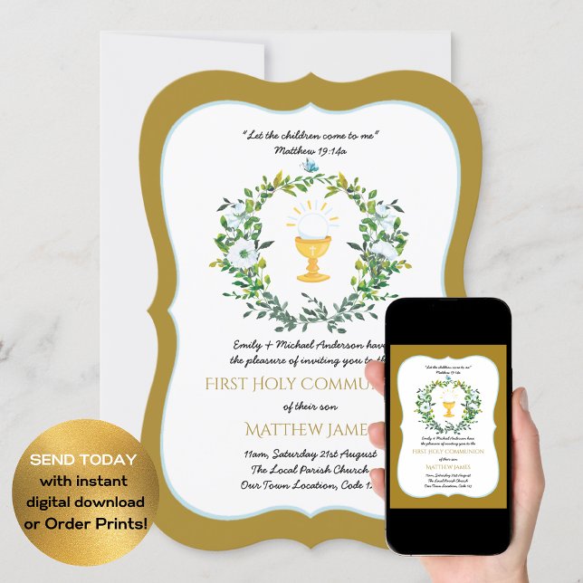 Elegante Floral Primera Invitación de la Santa Com (Subido por el creador)