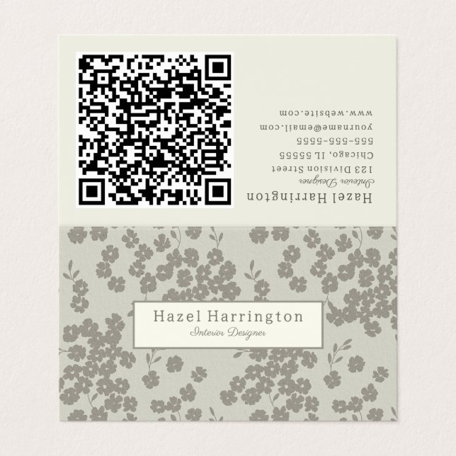 Elegante floral QR Código tarjetas de visita plega (Exterior desplegado)