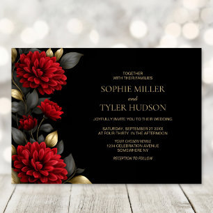 Elegante Floral Rojo Invitación de Boda Negra
