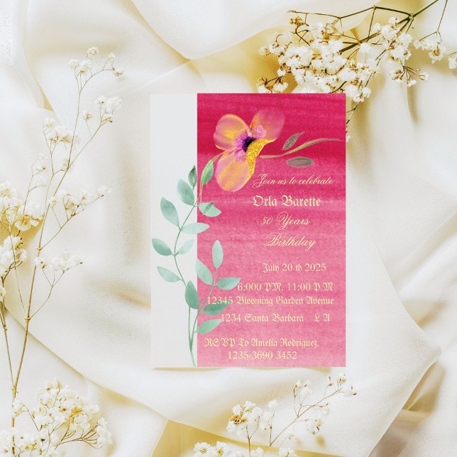 Elegante floral rosa 50.ª invitación por cumpleaño (Subido por el creador)