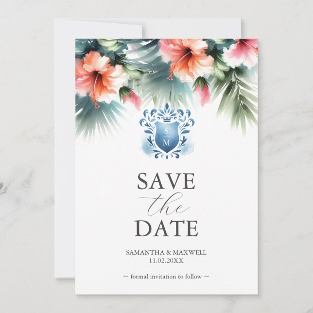 Elegante Floral rosa y azul salva las tarjetas de  (Anverso)