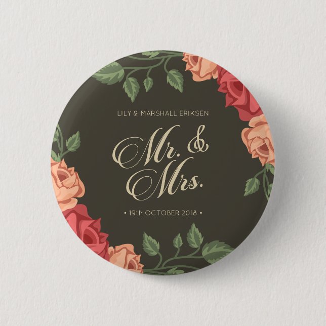 Elegante Floral Sr. y Sra. Boda | Botón Pin (Anverso)