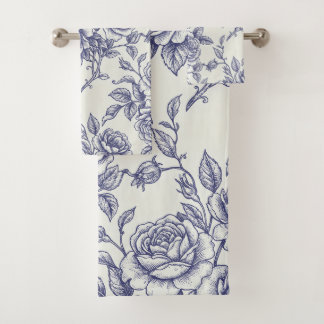 Elegante Floral Toile de Jouy de Rosas Azul Crema