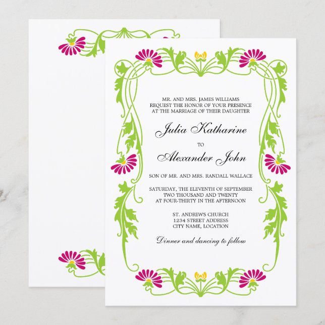 Elegante Florals de hojas y Invitación de Swirls (Anverso / Reverso)