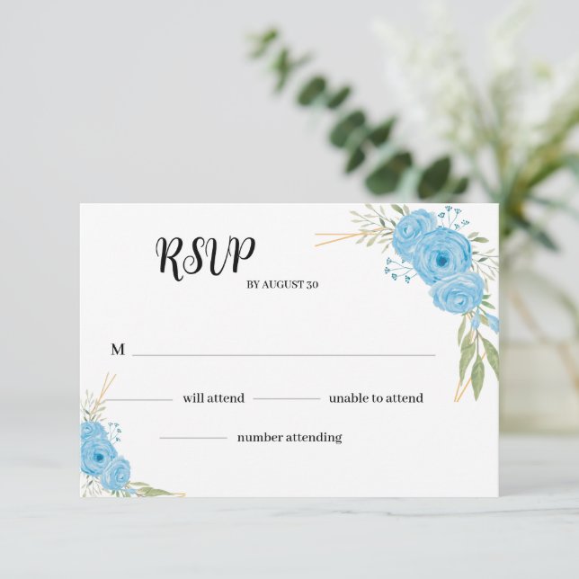 Elegante Flores Azules Florales Boda Tarjeta RSVP (Anverso de pie)