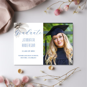 Elegante Flores Grad Photo Invitación Azul