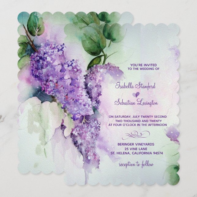 Elegante Flores Lilac Invitaciones de matrimonio (Anverso / Reverso)