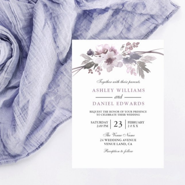 Elegante Flores Púrpura Invitación a la Boda Blanc (Subido por el creador)
