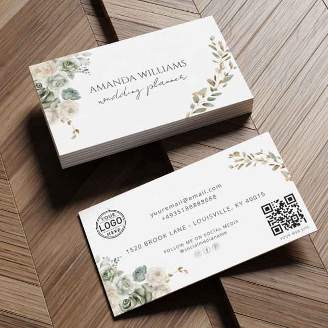 Elegante Flores Verdes Código QR Tarjeta de visita (Subido por el creador)