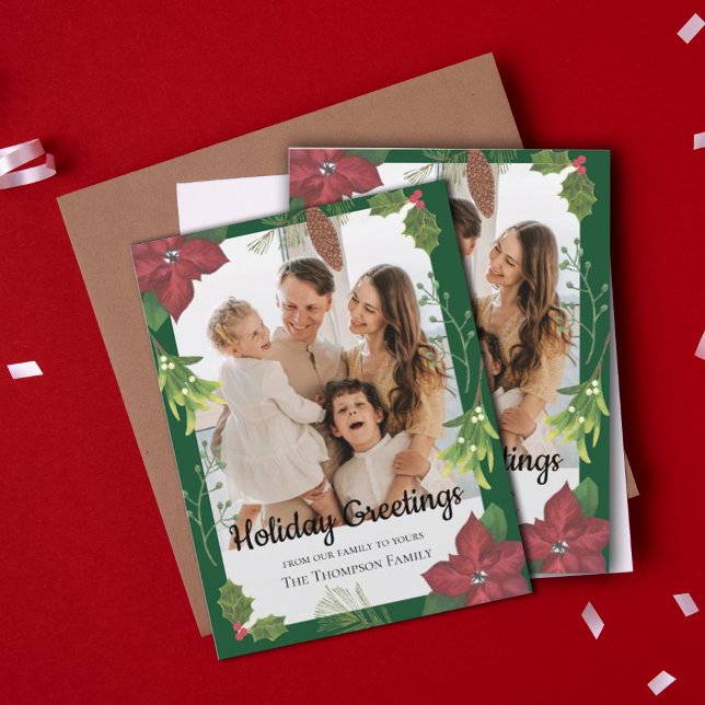 Elegante Flower Family de Feliz Navidad Roja (Elegant Merry Christmas Red Flower Family Photo Holiday Postcard)