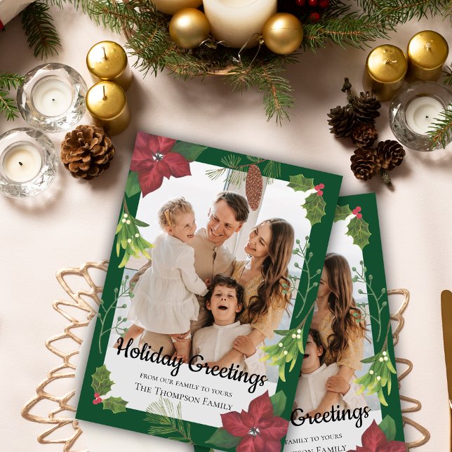 Elegante Flower Family de Feliz Navidad Roja (Elegant Merry Christmas Red Flower Family Photo Holiday Card)