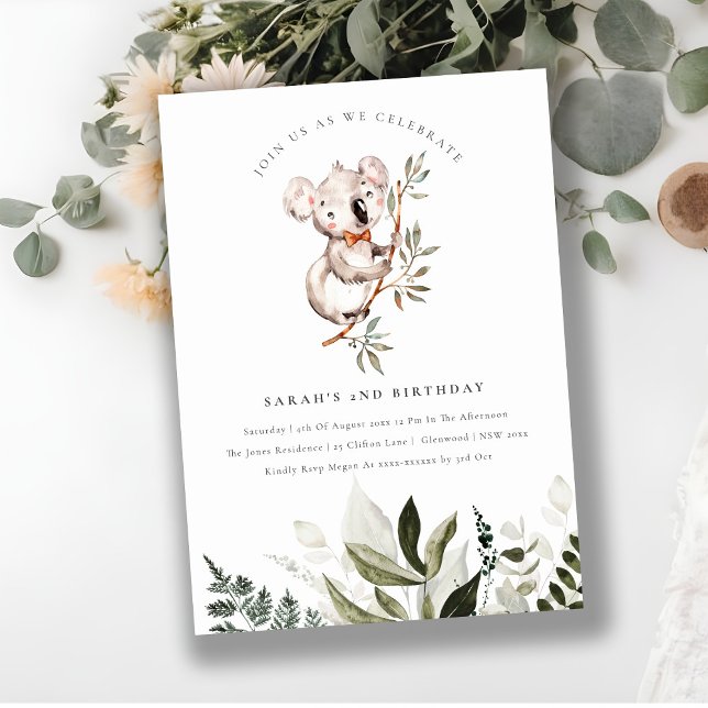 Elegante Foliage Cute Koala Invitación de cumpleañ (Subido por el creador)