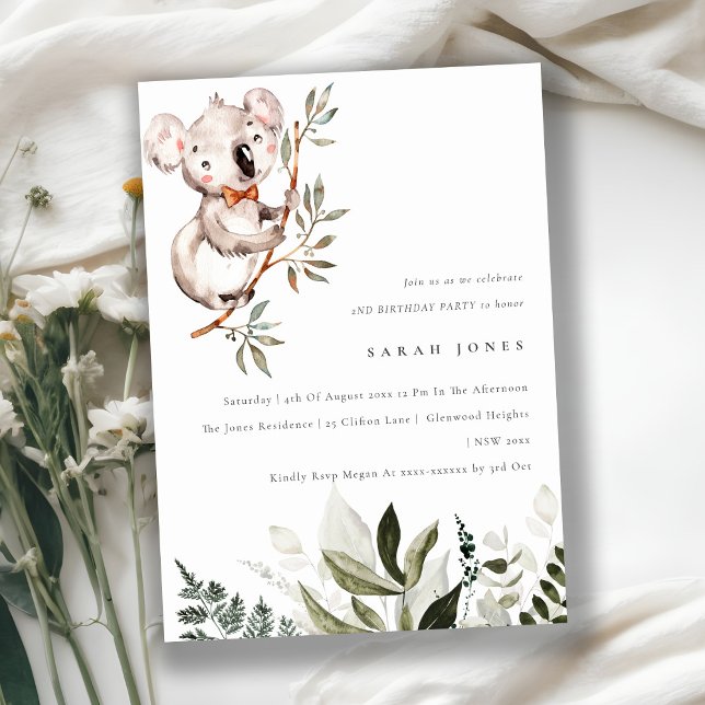 Elegante Foliage Cute Koala Invitación de cumpleañ (Subido por el creador)