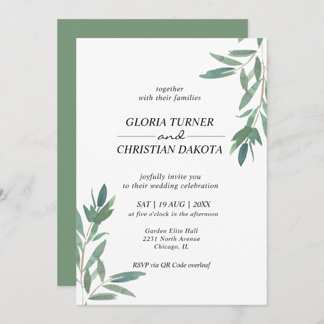 Elegante Foliage verde QR Invitación a matrimonio  (Anverso / Reverso)