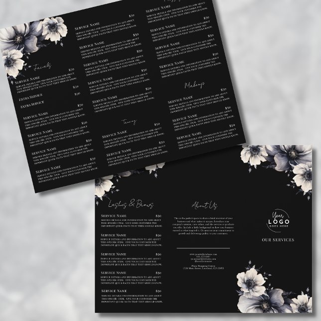 Elegante folleto de los servicios de spa blanco ne (Elegant Black White Spa Services Menu Tri-Fold Flyer)