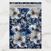 Elegante forro de sobre floral azul marino y plata