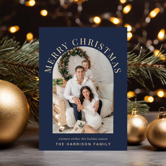 Elegante foto arca Feliz Navidad azul (Share the love and warmth of the season with an elegant arch photo Christmas card)