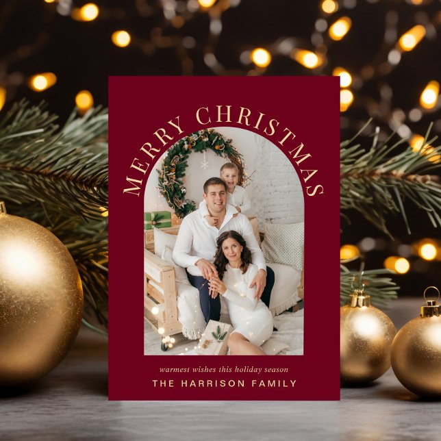 Elegante foto arca Feliz Navidad Borgoña (Share the love and warmth of the season with an elegant arch photo Christmas card)