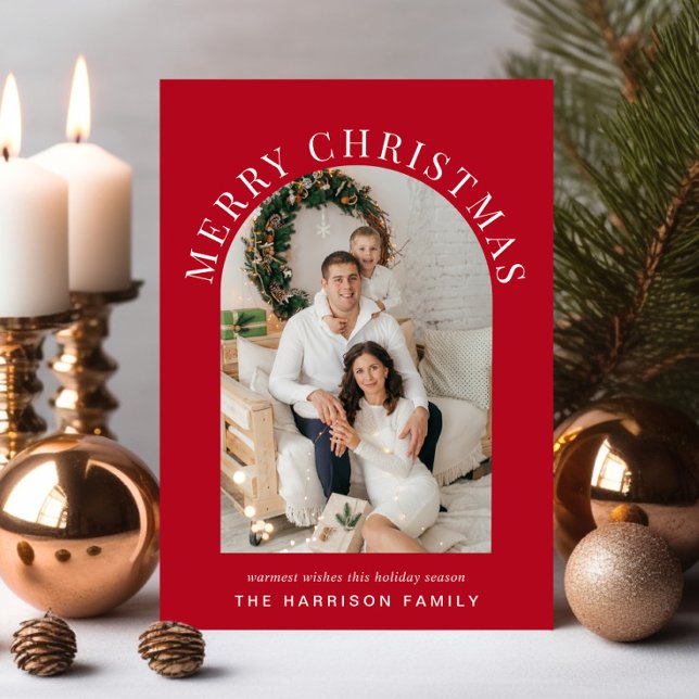 Elegante Foto Arch Feliz Navidad Rojo (Share the love and warmth of the season with an elegant arch photo Christmas card)