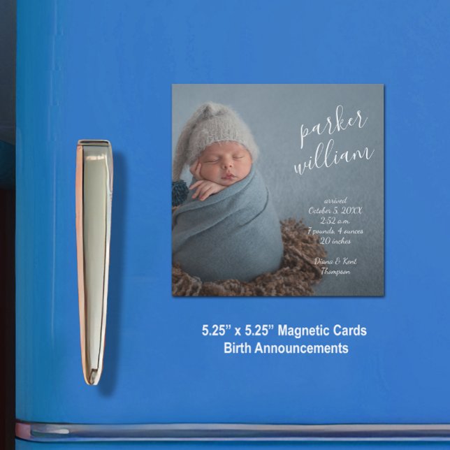 Elegante foto bebé anuncio de nacimiento magnético (5.25" x 5.25" square magnetic cards with a high-gloss finish)