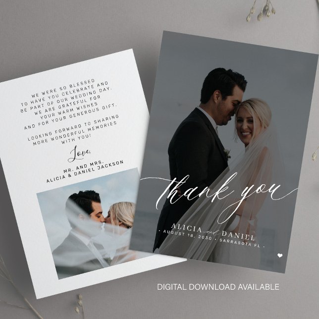 Elegante foto boda blanco negro tarjeta de agradec (Subido por el creador)