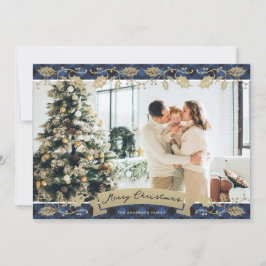 Elegante foto botánica de Blue Plaid Feliz Navidad