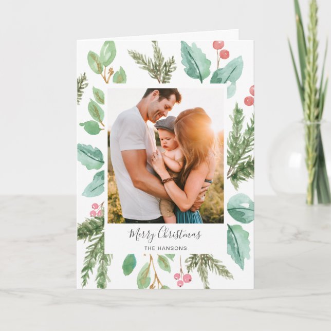 Elegante Foto de Acebo de Verdor Feliz Navidad (Anverso)