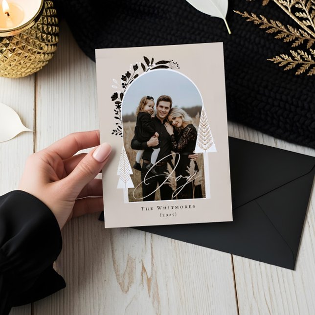 Elegante foto de alegría moderna árbol de Navidad  (Elegant Modern Joy Photo Evergreen Christmas Tree Holiday Card)