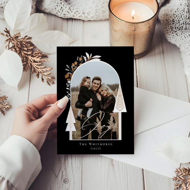 Elegante foto de alegría moderna árbol de Navidad  (Elegant Modern Joy Photo Evergreen Christmas Tree Holiday Card)