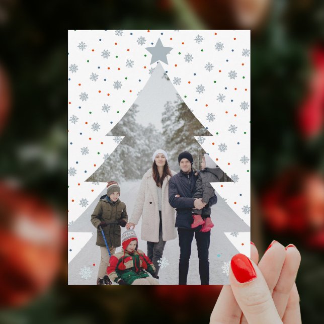 Elegante foto de árbol de navidad con copos de nie (Elegant snowflake personalized Christmas photo card with snow and colourful polka dots)