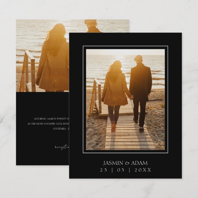 Elegante Foto de Boda Negra Save The Date (Anverso / Reverso)