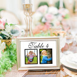 Elegante foto de boda número de mesa blanca negra<br><div class="desc">Las elegantes y únicas tarjetas de números de tabla de boda personalizadas incluyen fotos de la infancia del novio y la novia a una edad que corresponde con el número de tabla. Para personalizar: escriba el número de tabla, haga clic en "cambiar" por las fotos predeterminadas para cargar sus propias...</div>