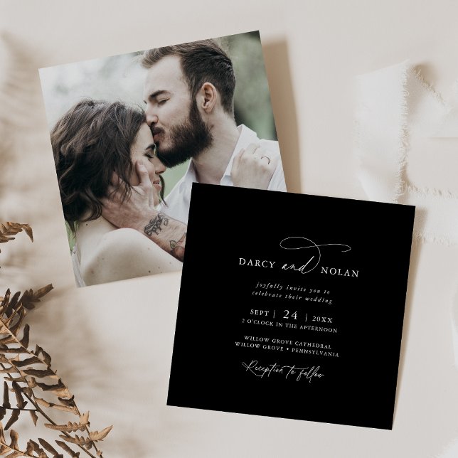 Elegante Foto de Charm Invitaciones a la Boda Negr (Elegant Charm Photo Dark Black Wedding Invitations)