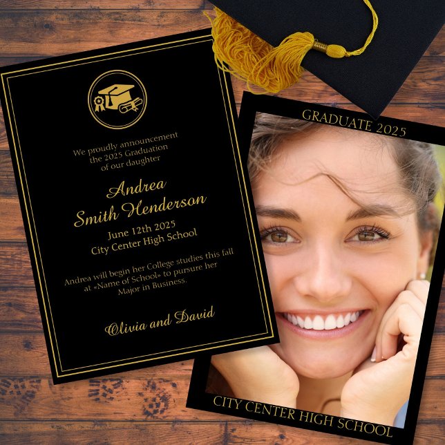 Elegante foto de graduación Invitación negra (Subido por el creador)