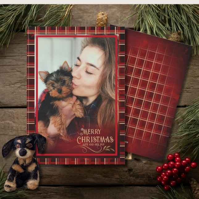 Elegante foto de la planta ORO ROJO Feliz Navidad (Elegant Plaid Photo RED GOLD Merry Christmas Holiday Card)