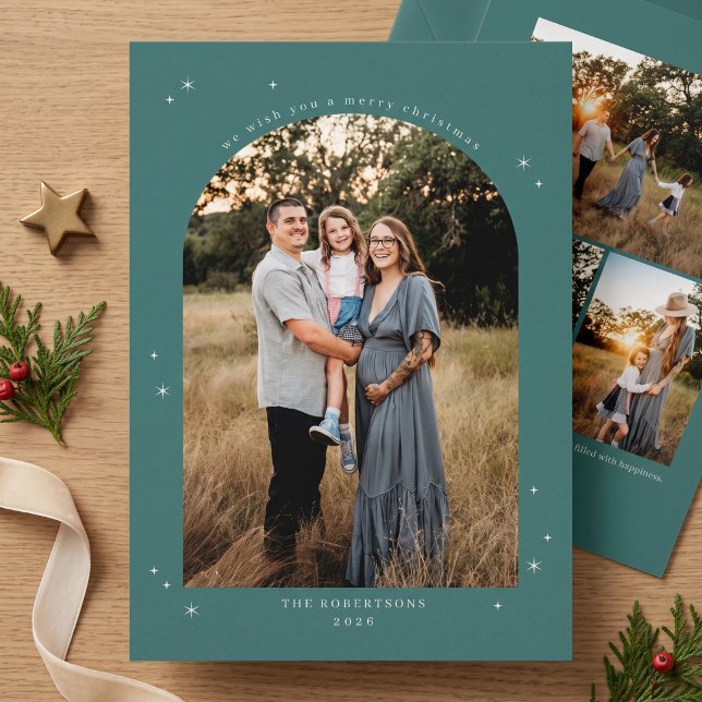 Elegante Foto de Navidad con Arco - Turquesa (Simulated cards on table)