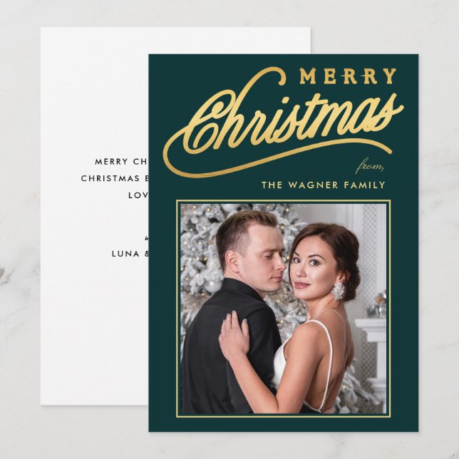 Elegante Foto de Navidad con Letra Dorada Falsa (Anverso / Reverso)