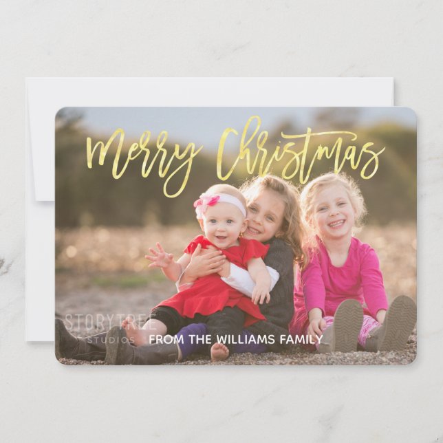 Elegante Foto de Navidad con Letra Script Dorada (Anverso)