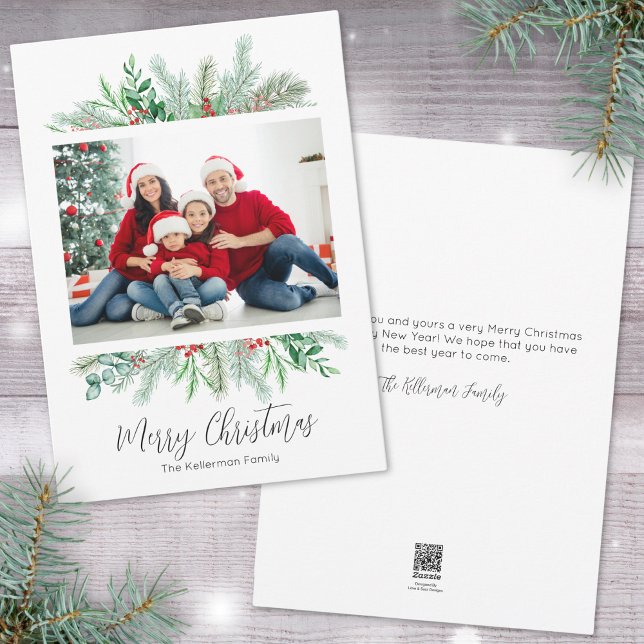 Elegante foto de vegetación Feliz Navidad (Elegant Greenery Photo Merry Christmas Holiday Card)