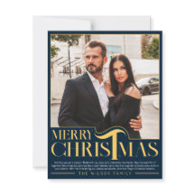 Elegante Foto Familiar de Feliz Navidad en Azul y 