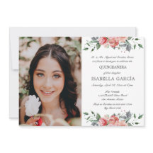 Elegante foto floral rosa Quinceañera Invitación