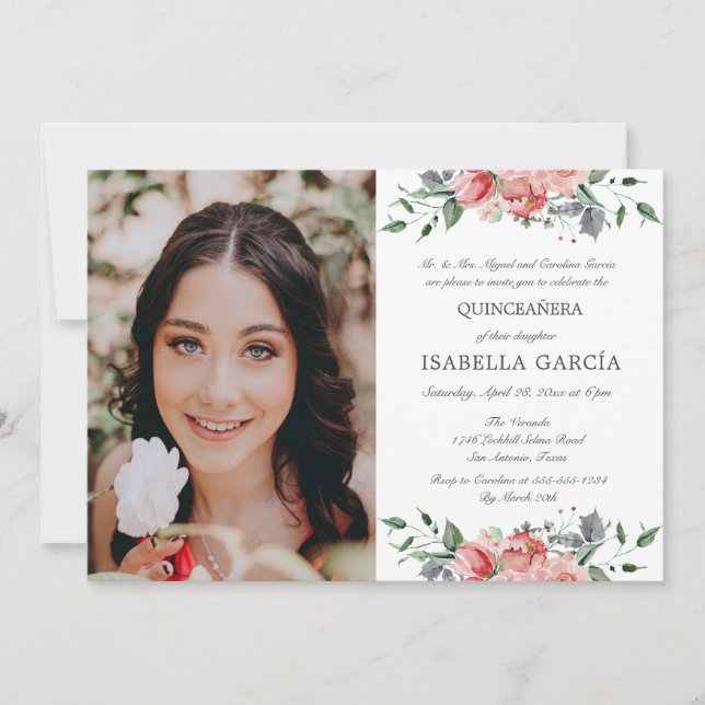 Elegante foto floral rosa Quinceañera Invitación (Anverso)