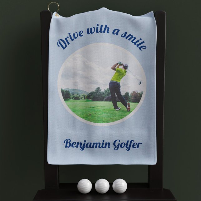 Elegante Foto Golfer Nombre Toalla de Golf Azul (You should always drive with a smile! )