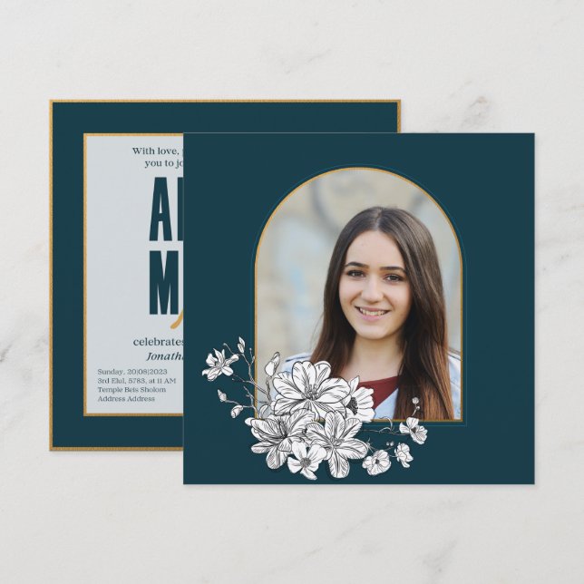 Elegante foto Hebrea Invitación a Bat Mitzvah (Anverso / Reverso)