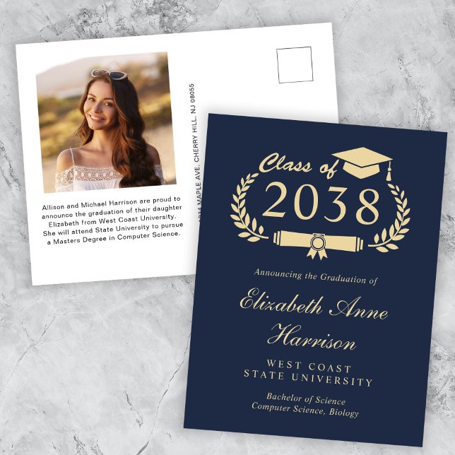 Elegante foto Invitación de graduación de oro azul (An elegant college graduation announcement to celebrate the graduate's achievements)