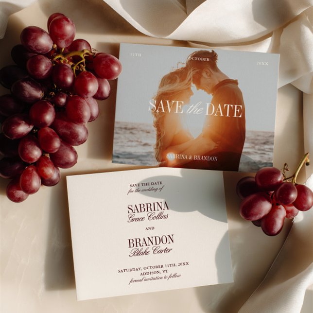 Elegante foto Marfil y Borgoña Salven la tarjeta d (Elegant Photo Ivory & Burgundy Save the Date Card)