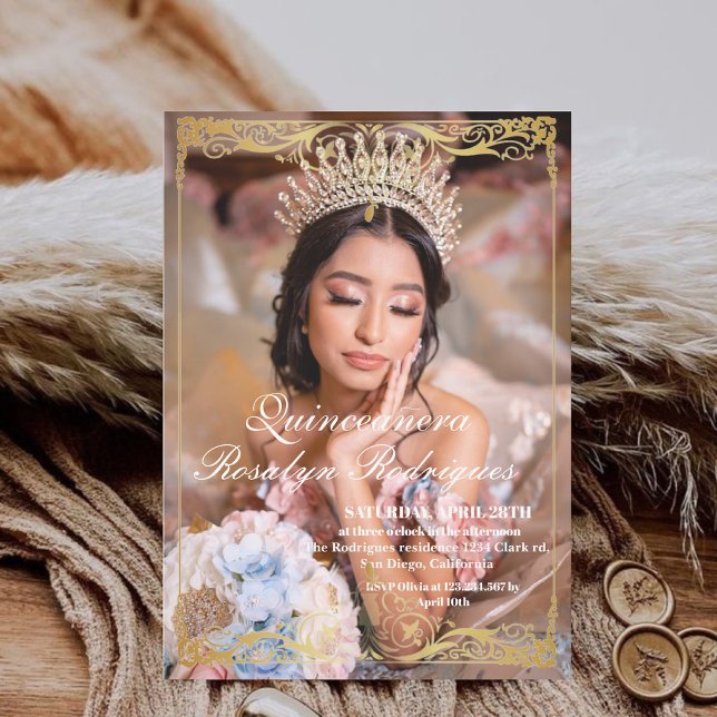 Elegante foto Quinceanera Invitación blanca de oro (Subido por el creador)