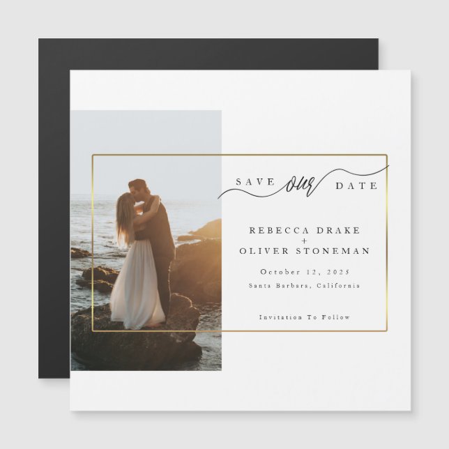 Elegante fotograma dorado tarjeta magnética Boda (Anverso/Reverso)