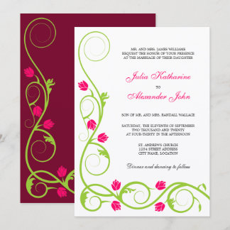 Elegante Fuchsia Verde Swirls Invitación a la boda